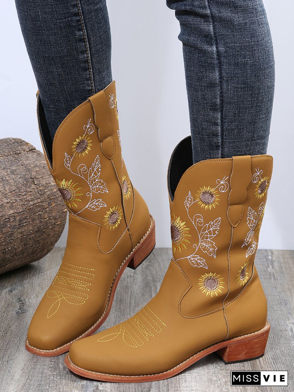 Sunflower Embroidery Boho Cowboy Boots