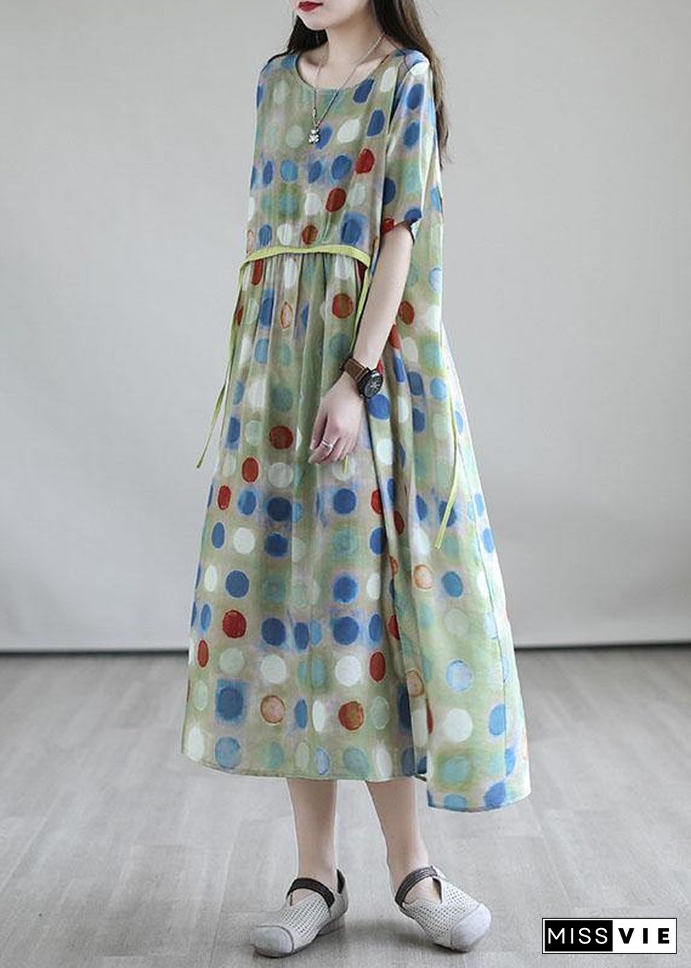 Italian Light Green Drawstring Patchwork Print Summer Cotton Vacation Dresses