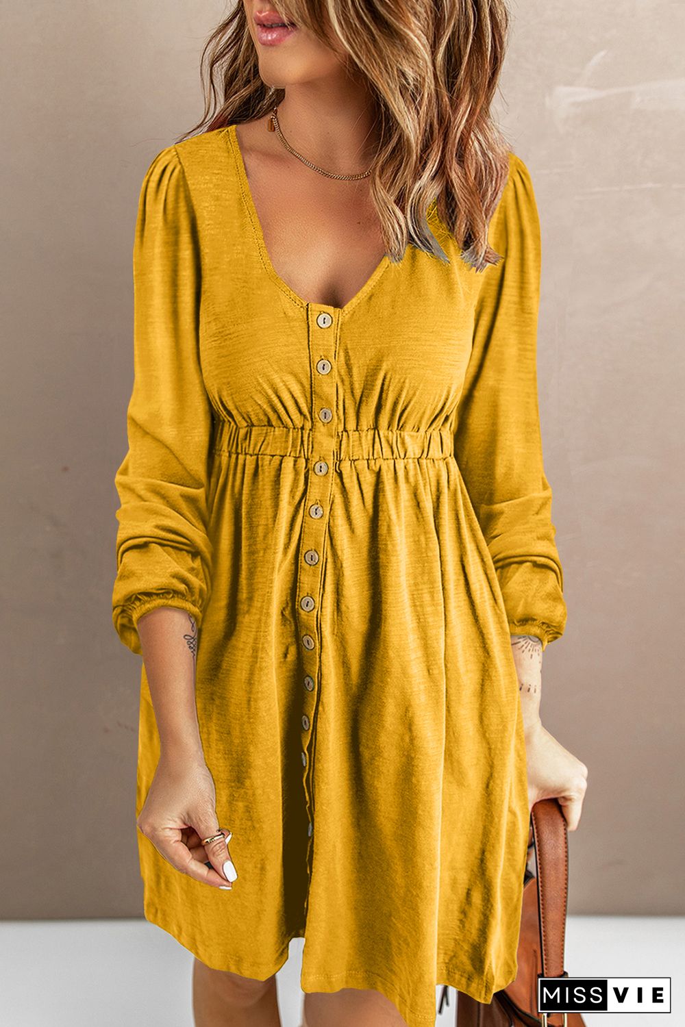 Yellow Button Up High Waist Long Sleeve Dress