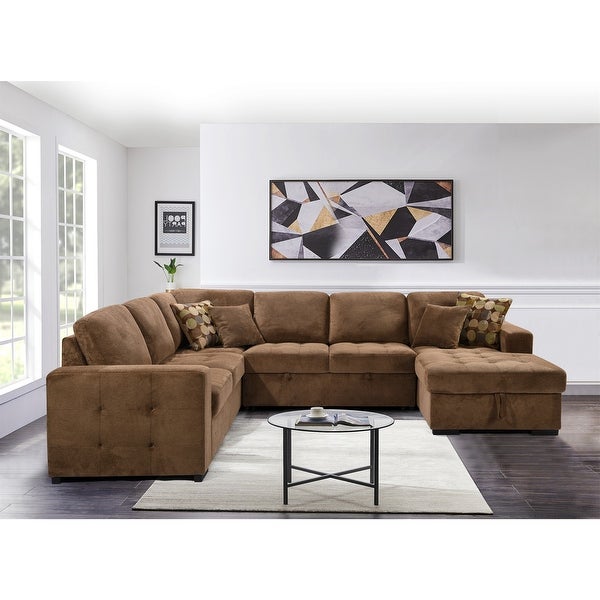 123 Inch U Shaped Sectional Sofa With Storage And 4 Throw Pillows