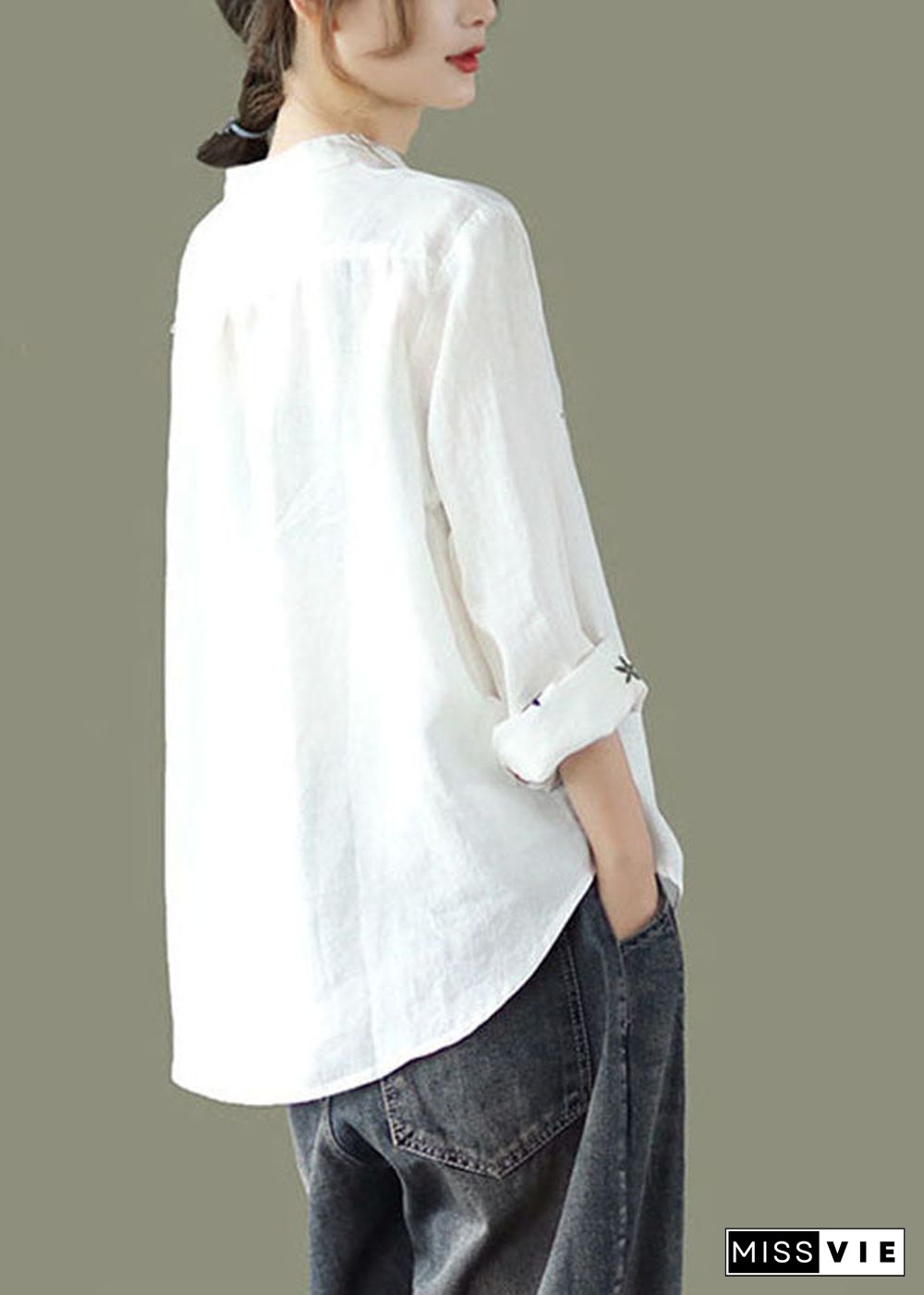 Women White Stand Collar Embroideried Linen Shirt Spring