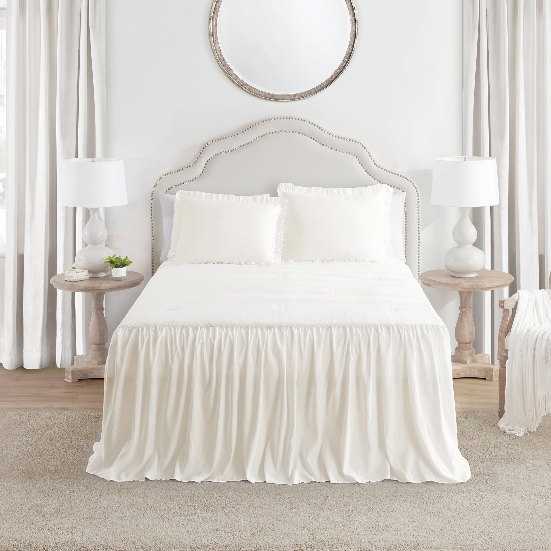 My Texas House Angelina Draping Ruffle Polyester 3-Piece Bedspread Set， Ivory， Queen