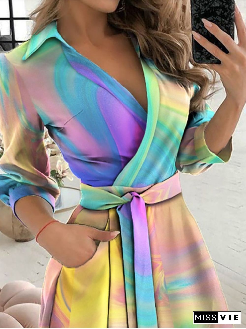 New Spring And Summer Fashion Long Sleeve V-neck Printed Dress Lace Up Tie Dyed Dress Sashes Office Lady Dresses For Women