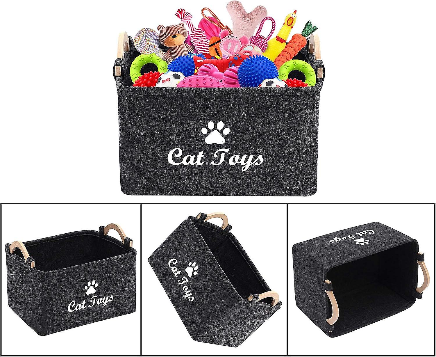 Cat Toy Storage Basket - Storage Box With Wooden Handle， Storage Box For Cat Toys， Clothes And Pet Accessories-dark Gray