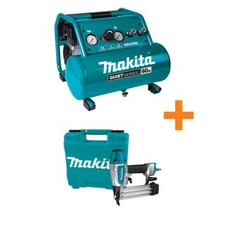 Makita 3 Gal. Quiet Series 1.5 HP Electric Oil-Free Air Compressor with Bonus Pneumatic 2 in. 18-Gauge Brad Nailer MAC320Q-AF506