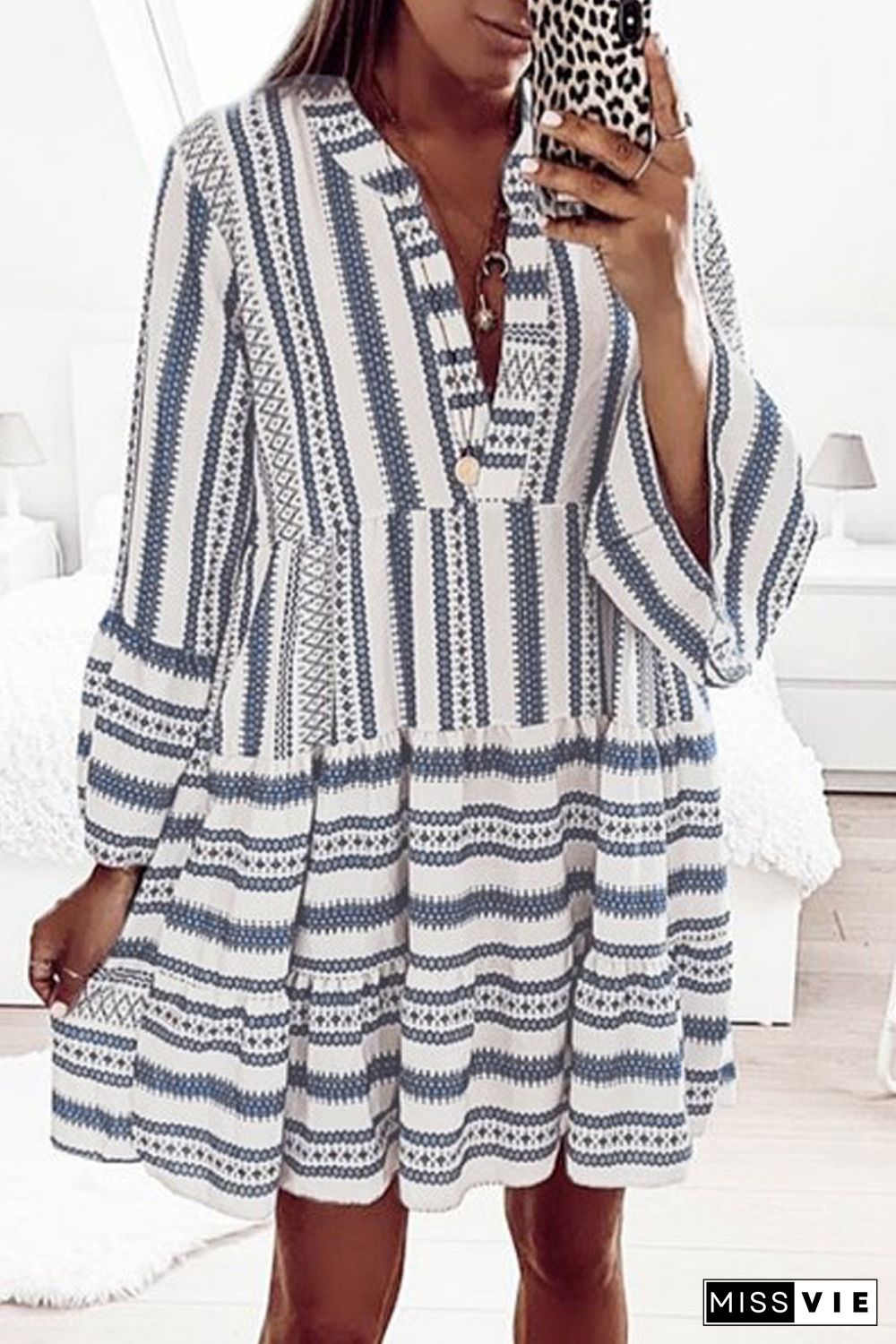 Sky Blue Geometric Print V neck Ruffle Swing Mini Dress