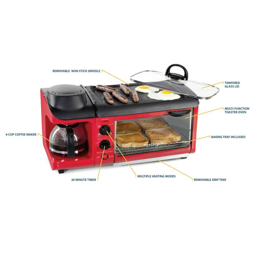 Nostalgia 1500 W 4-Slice Red Toaster Oven Breakfast Station BST3RR