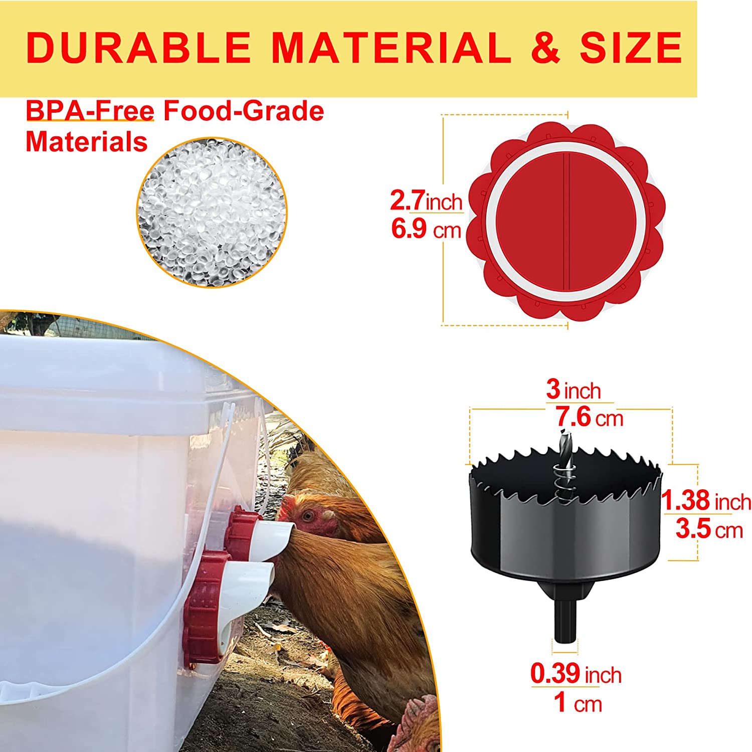 DIY Chicken Feeders No Waste， 6 Pack Poultry Feeder with Covers Gravity Feed Kit Ports 6-1 Hole Saw for Buckets Barrels Bins Troughs