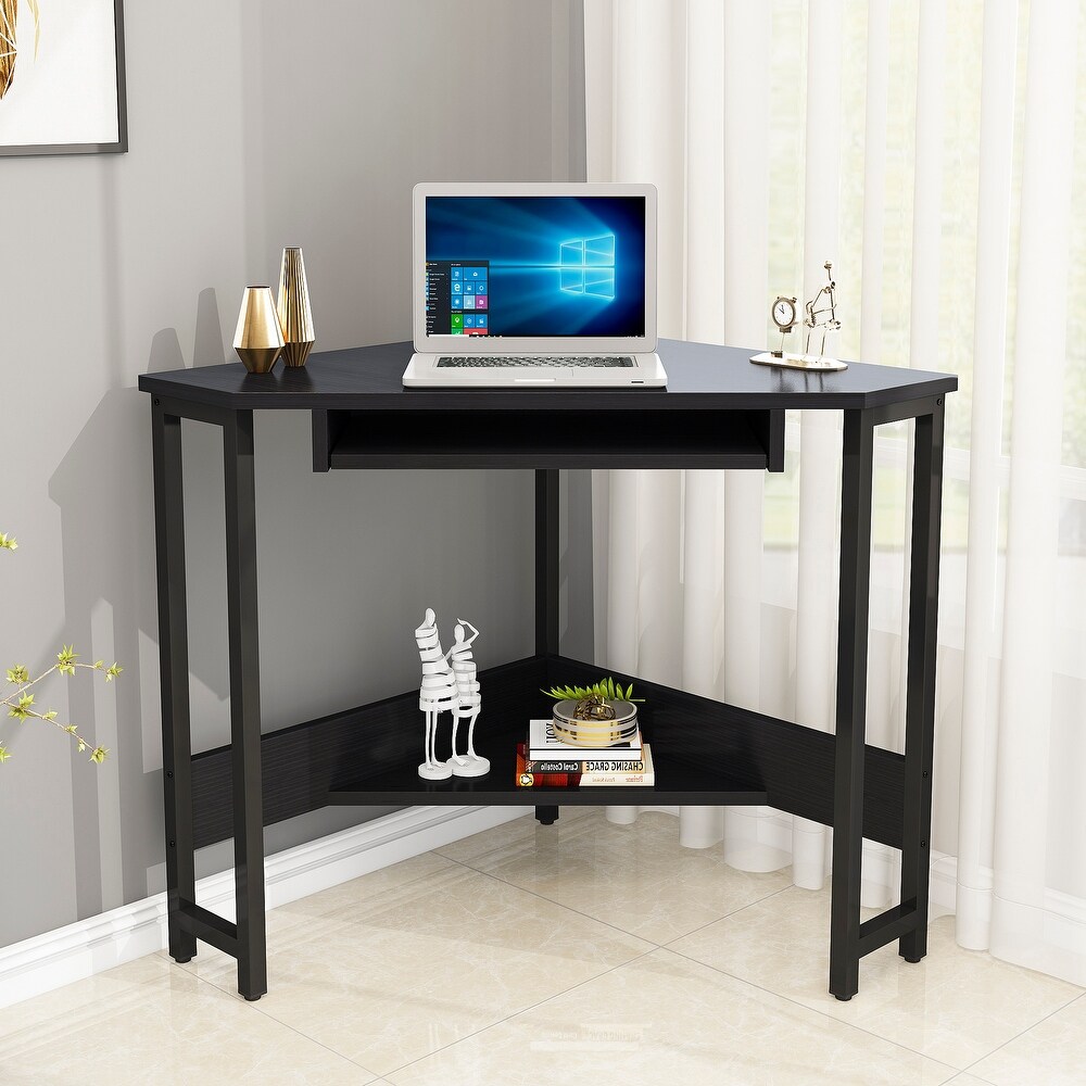 Triangle Computer Desk Corner Desk With Smooth Keyboard Tray  Storage Shelves