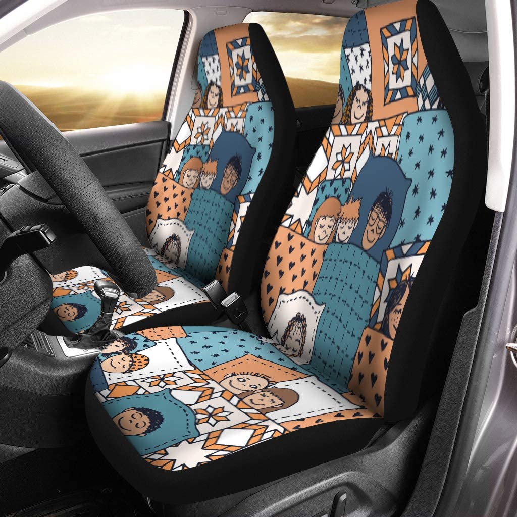 ZHANZZK Set of 2 Car Seat Covers Blue Cute Sleeping Kids Funny Doodle and Blankets Universal Auto Front Seats Protector Fits for Car，SUV Sedan，Truck