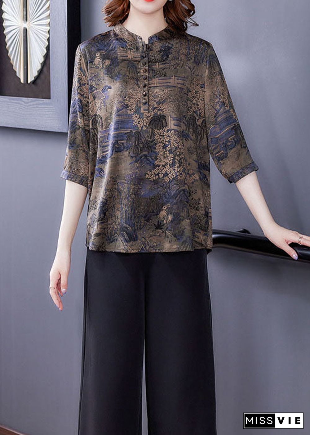 Fashion Blue Patchwork Print Button Silk Blouse Tops Summer