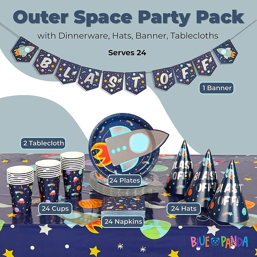 Outer Space Party Pack with Dinnerware  Hats  Banner  Tablecloths (Serves 24  99 Pieces)