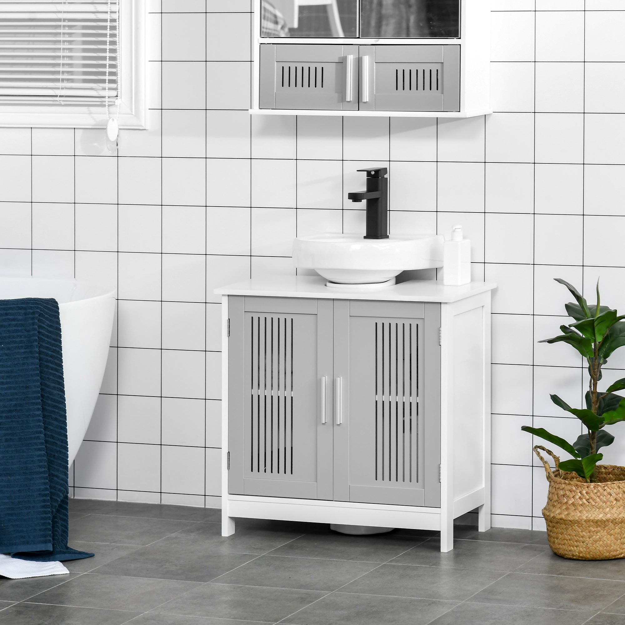 kleankin Modern Under Sink Cabinet with 2 Doors, Pedestal Under Sink Bathroom Cupboard with Adjustable Shelves, Grey and White