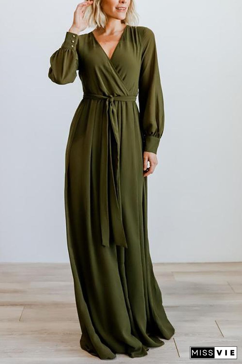 Button Puff Sleeve Belted Maxi Dress