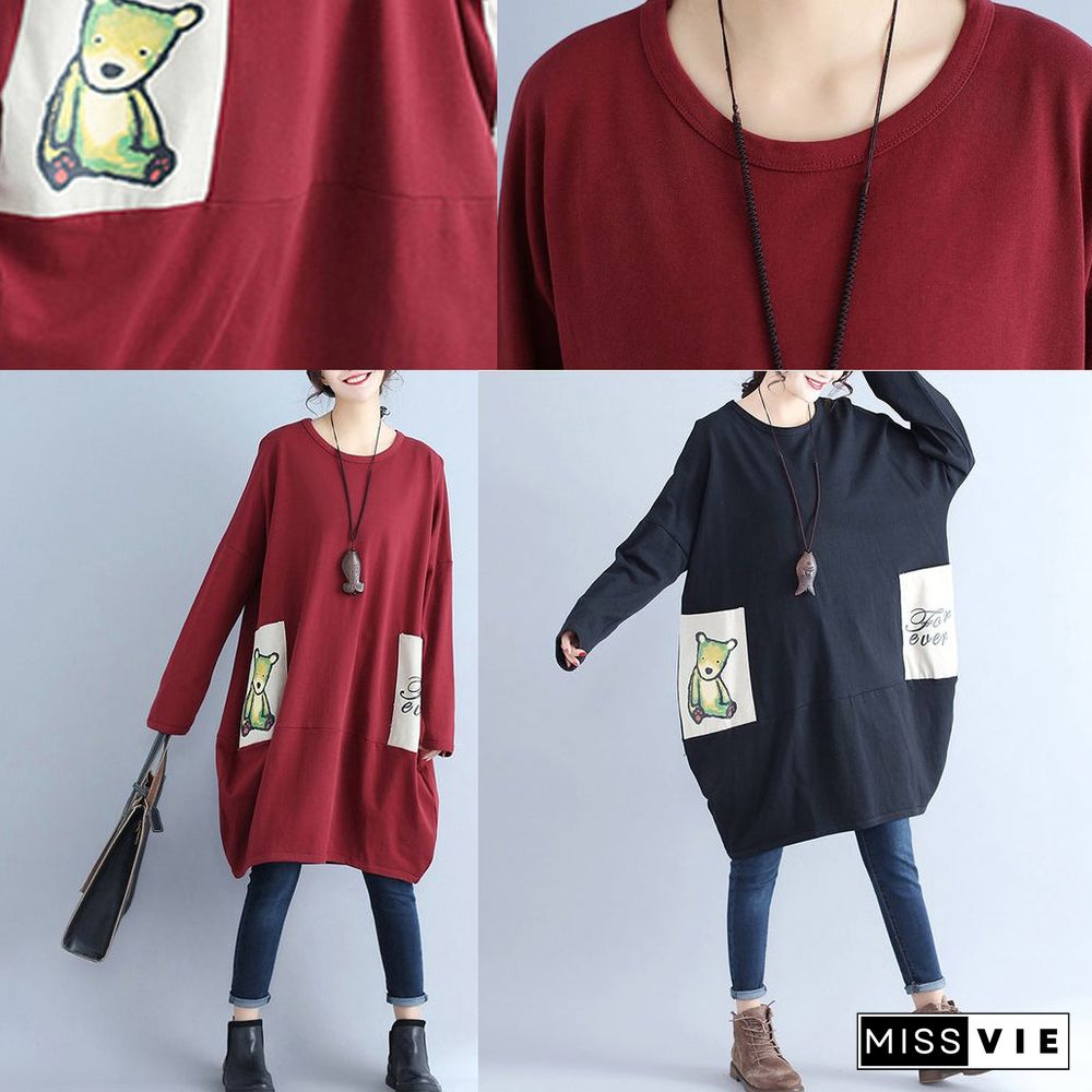 solid cotton pockets prints burgundy casual dresses oversize o neck mid dress