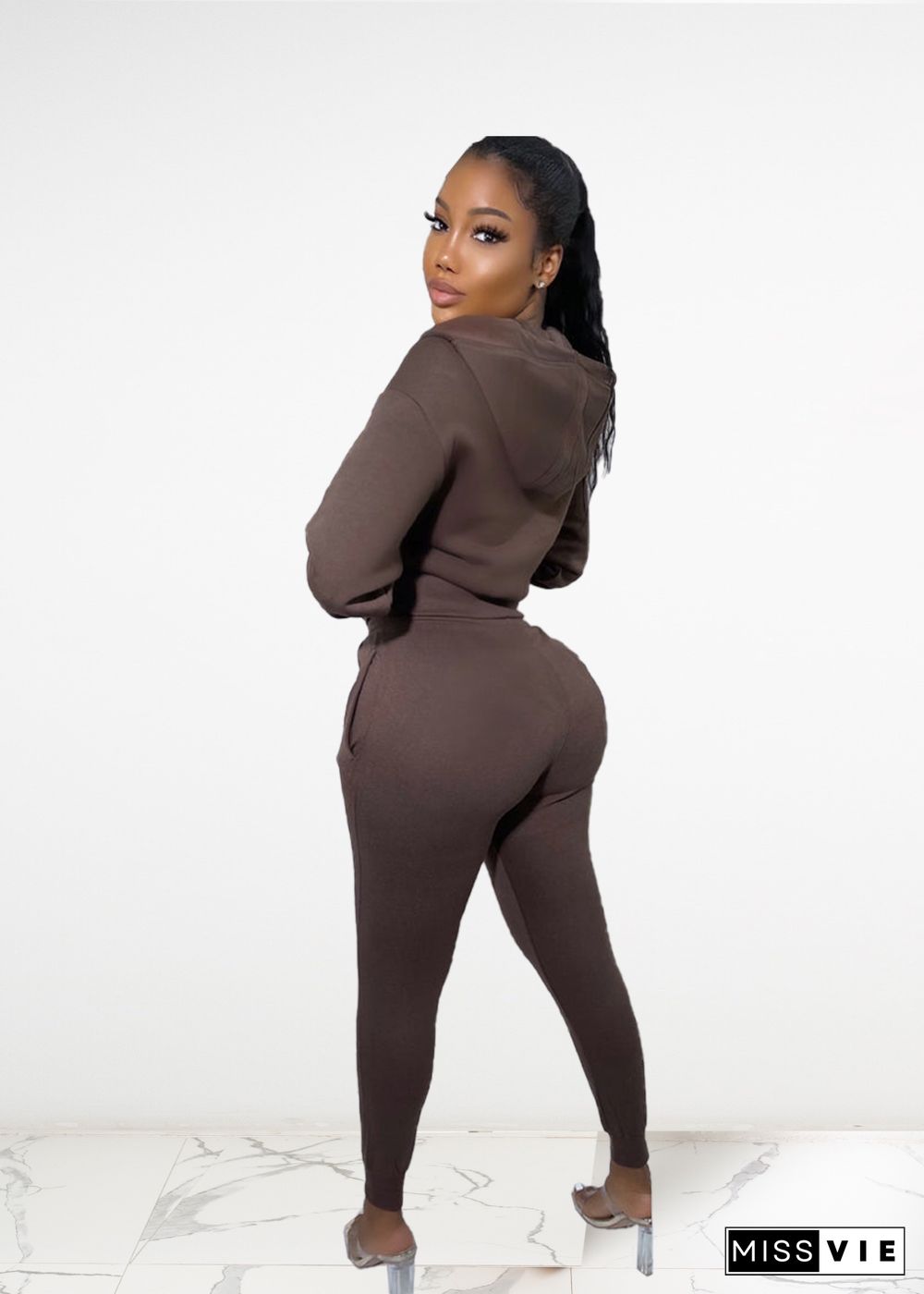 Casual Zip Hooded Coat And Pants Two Piece Set