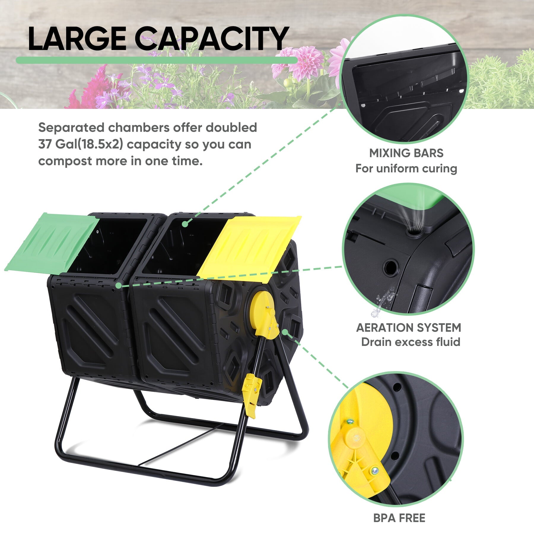 HomGarden 37Gal Dual Chamber Composter Bin Outdoor Tumbler BPA-Free Steel Frame