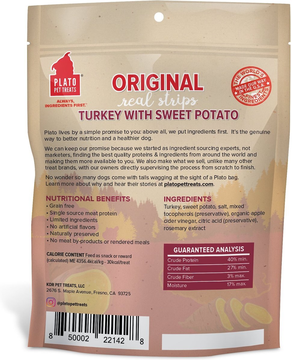 Plato Original Real Strips Turkey and Sweet Potato Recipe Grain-Free Dog Treats