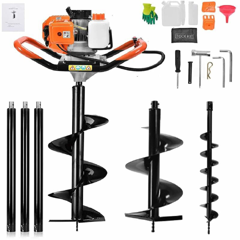 EAYSG 62cc Post Hole Digger 2 Stroke Post Hole Auger Gas Powered Earth Auger with 3 Replacement Drill Bits(5", 6", 8") and 3 Extension Rod for Farm Garden Plant