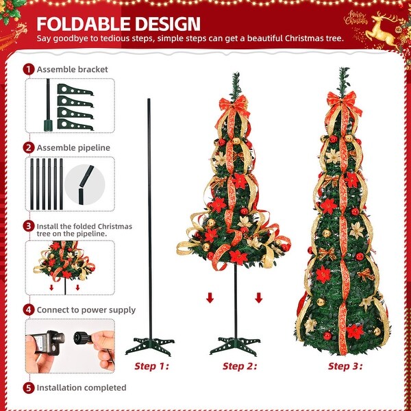 6 ft. Fully Decorated PreLit Pop Up Artificial Christmas Tree with 150 LED Lights and Red/Golden Ornaments