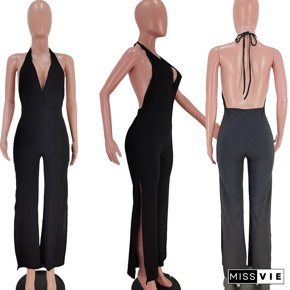 Sexy Women Solid Color Deep V-Neck Sleeveless Wide Leg Slit Hem Backless Halter One Piece Jumpsuit