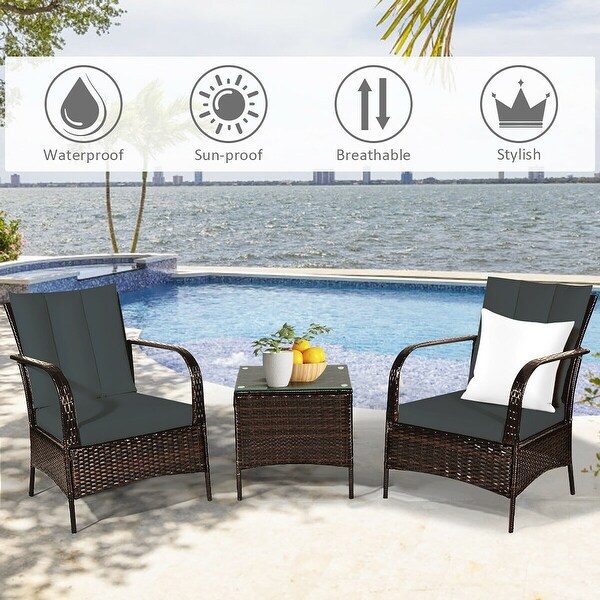 Costway 3 PCS Patio Wicker Rattan Furniture Set Coffee Table and 2