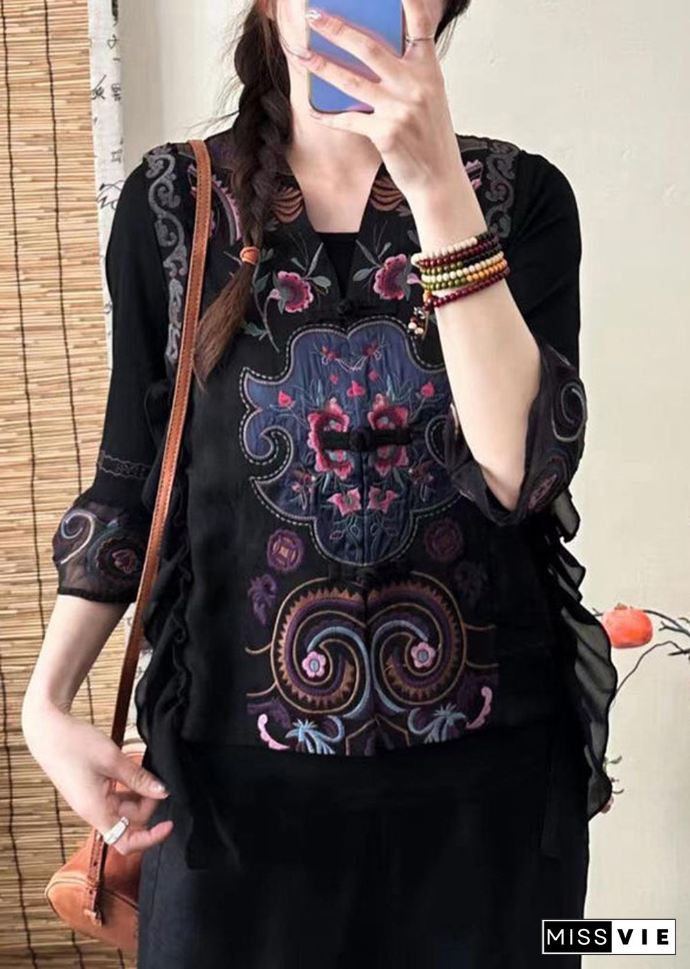 Retro Black V Neck Embroideried Ruffled Silk Waistcoat Sleeveless