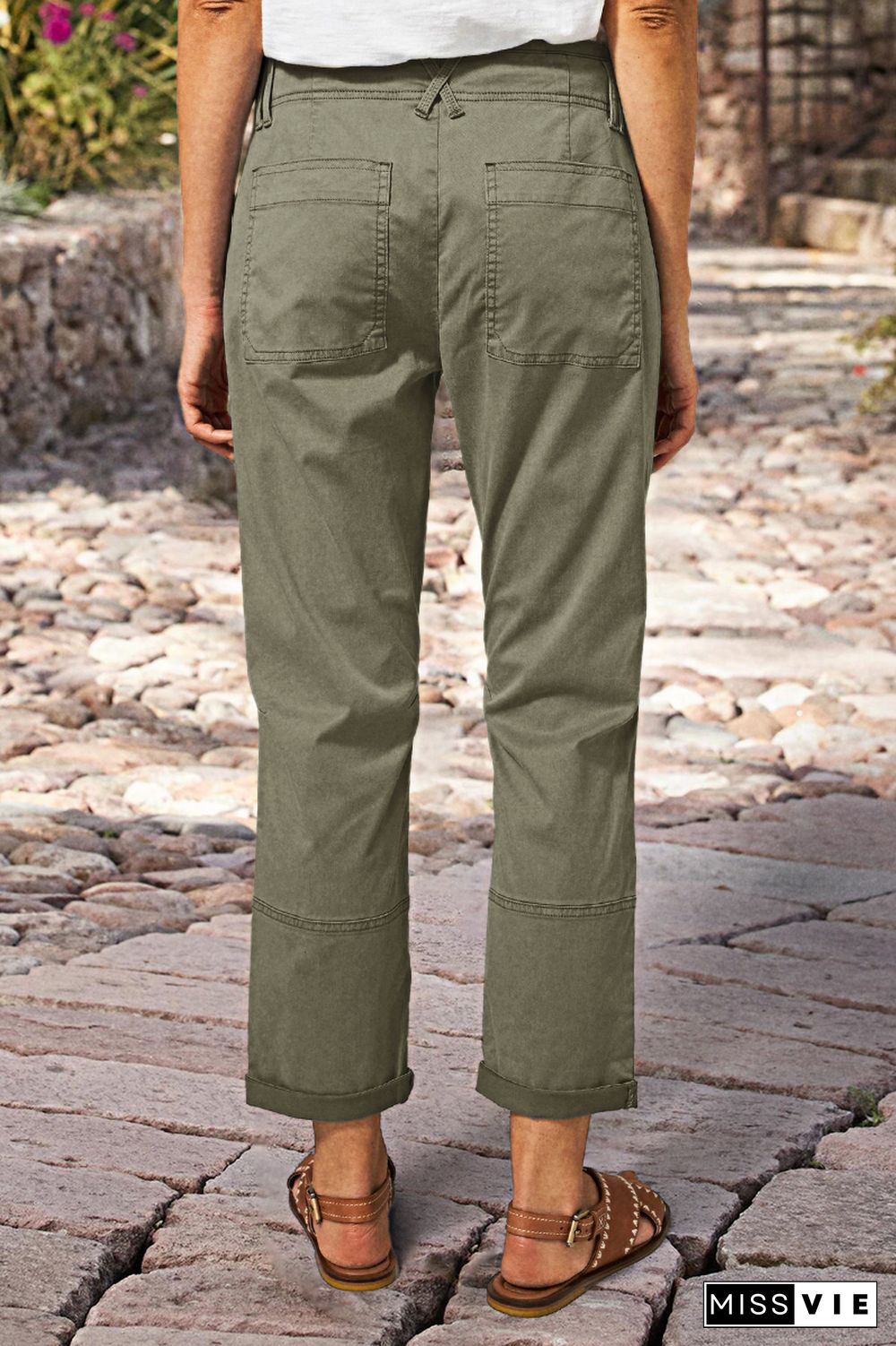 Double Button Mid Waist Straight Leg Pants