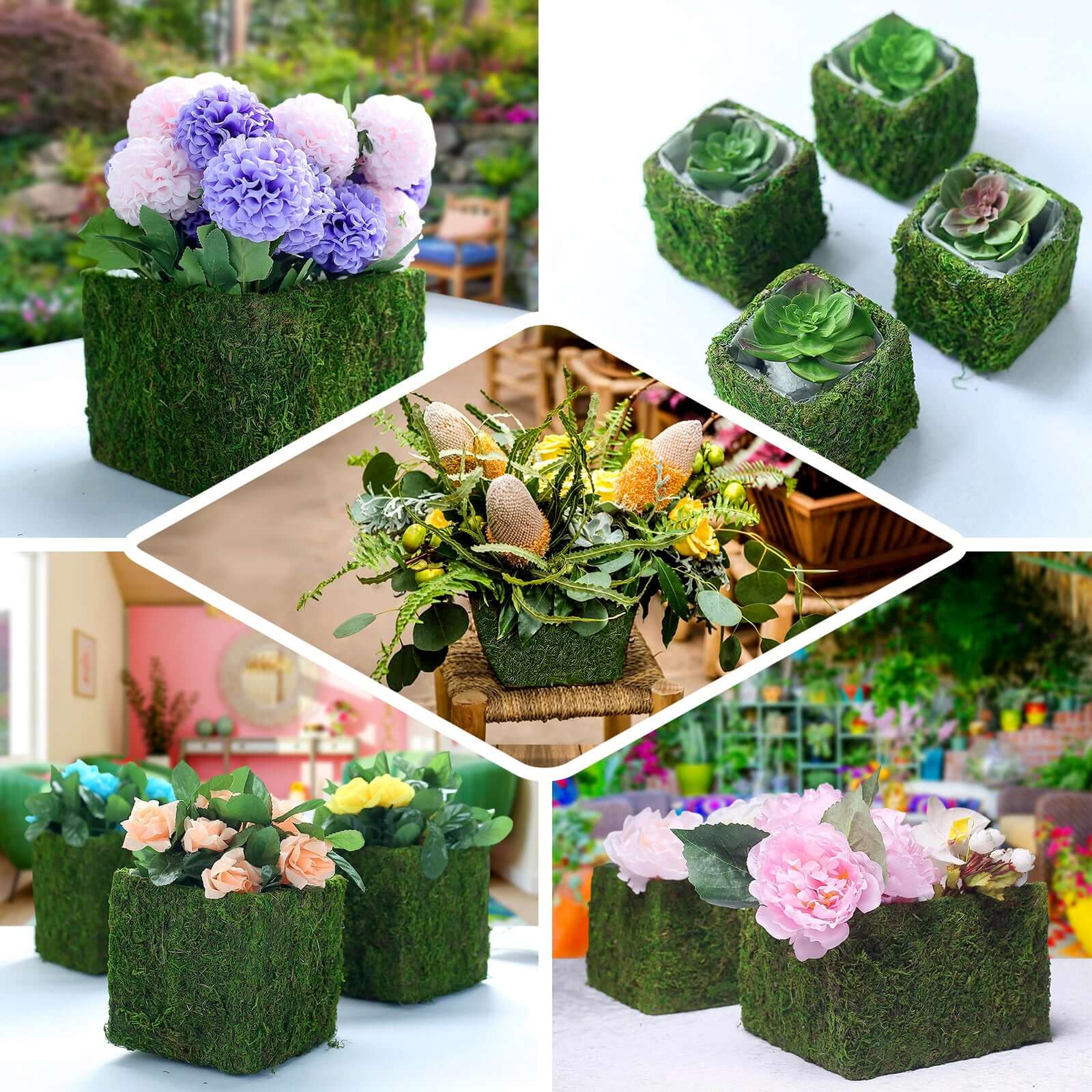 4 Pack Green Preserved Moss Covered Square Planter Boxes, Flower Baskets with Inner Lining 6