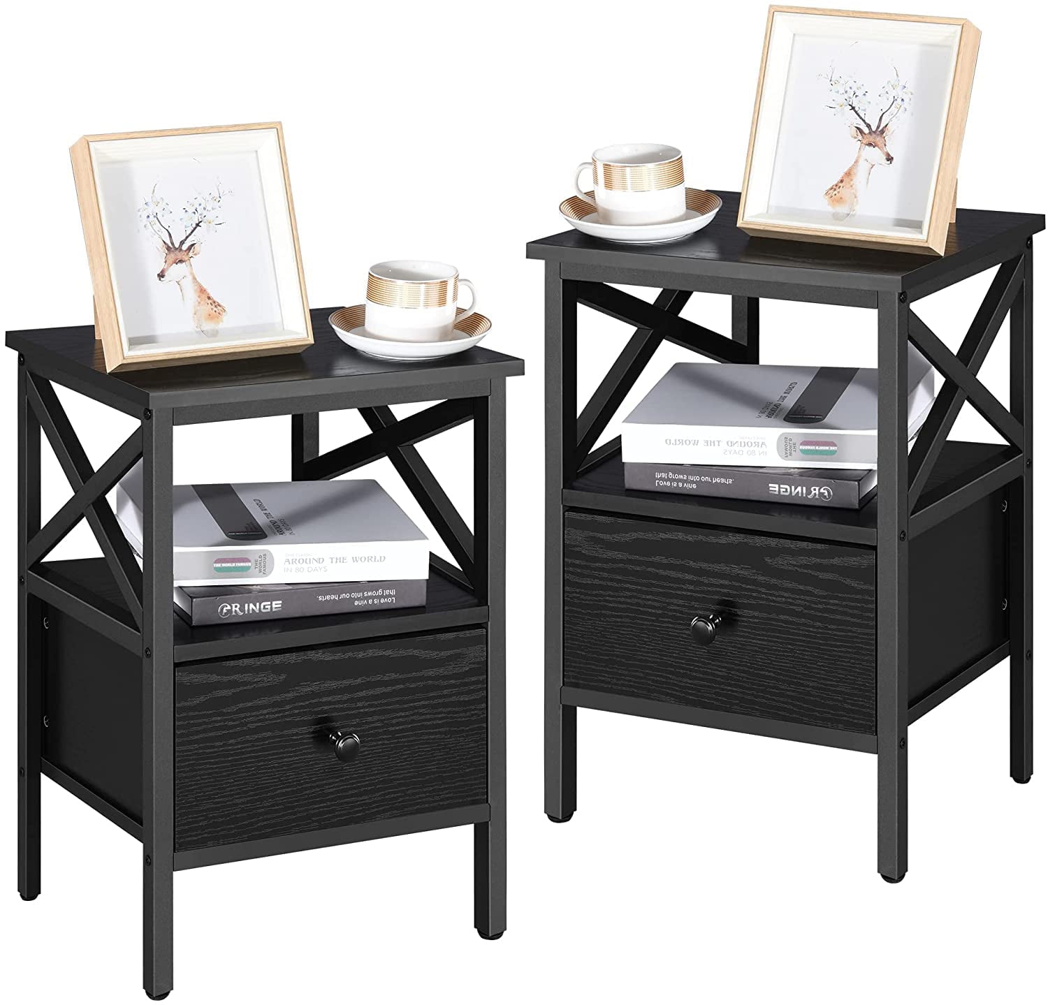 YITAHOME Nightstand Set of 2, End Tables with Drawer and Storage Shelf, Bedside Tables, Sofa Side Tables, Bedroom Living Room Furniture, Black