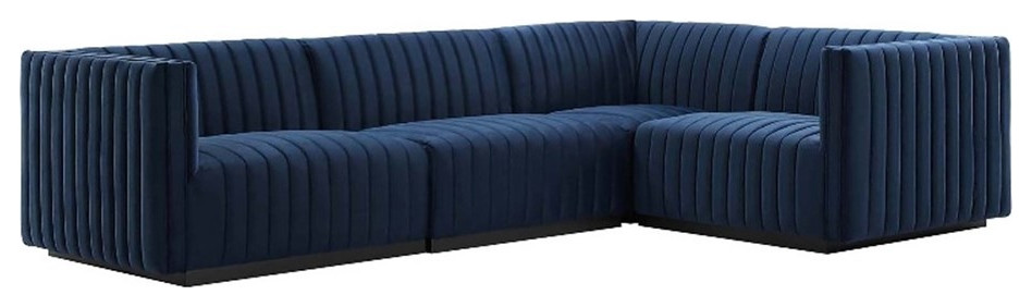 Conjure Channel Tufted Performance Velvet 4 Piece Sectional  Black Midnight Blu   Contemporary   Sectional Sofas   by Homesquare  Houzz