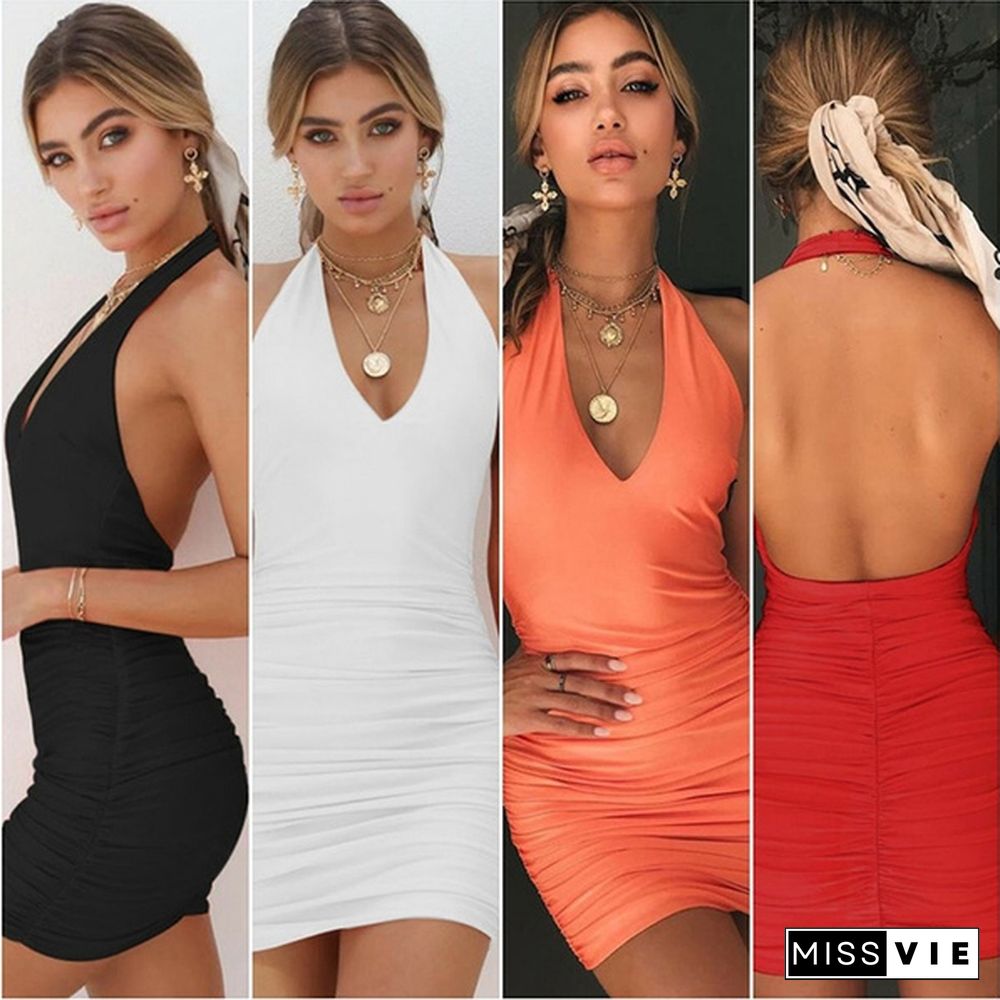 Halter Women's Fashion Mini Dress Party Dress Sleeveless Deep V-neck Dresses