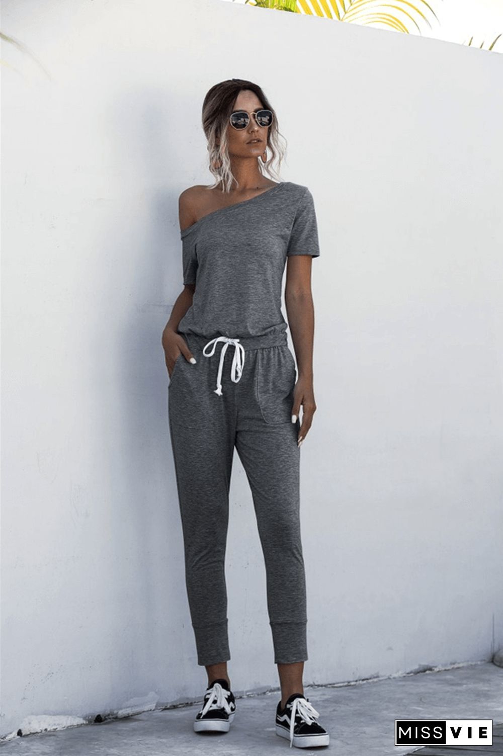 Fashion Off The Shoulder Solid Color Jumpsuit