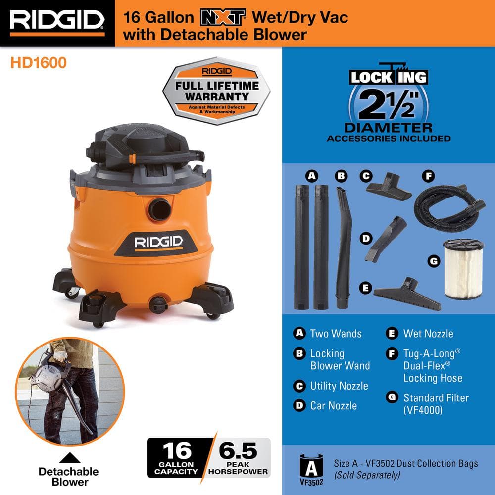 RIDGID 16 Gallon 6.5 Peak HP NXT Wet/Dry Shop Vacuum with Detachable Blower, Filter, Locking Hose and Accessories HD1600