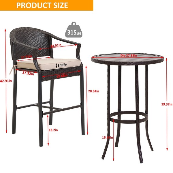 3-Piece Outdoor Wicker Patio Bar Stools with Table Set - Overstock - 35738808