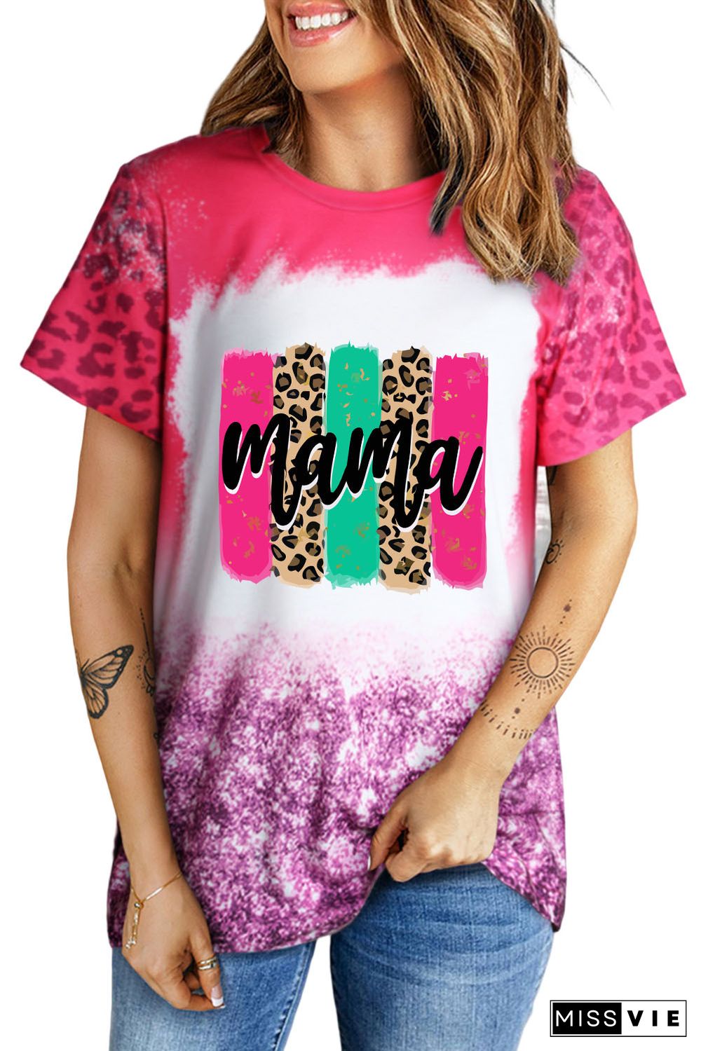 Pink Bleach mama Leopard Print Short Sleeve Round Neck Tee