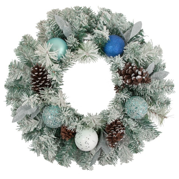 Unlit Teal silver Ornaments Artificial Flocked Pine Christmas Wreath