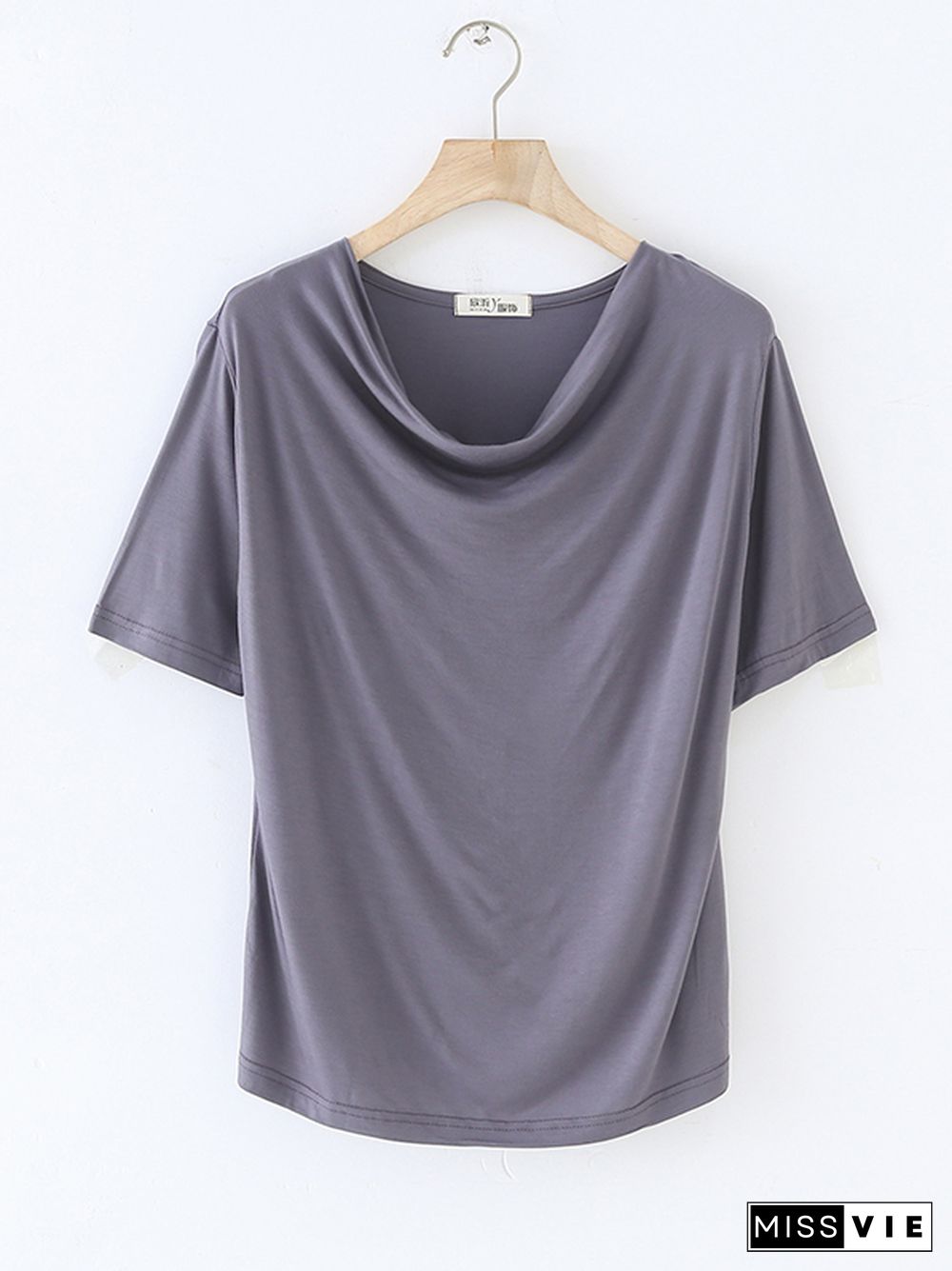 Short Sleeves Pleated Solid Color Heaps Collar T-Shirts Tops