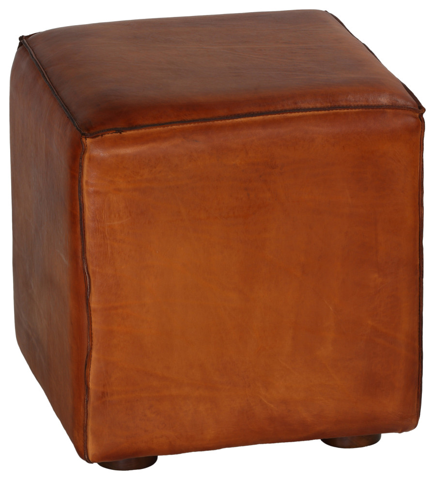 Sands Genuine Leather Cube Ottoman  Saddle Brown   Transitional   Footstools And Ottomans   by CozyStreet  Houzz