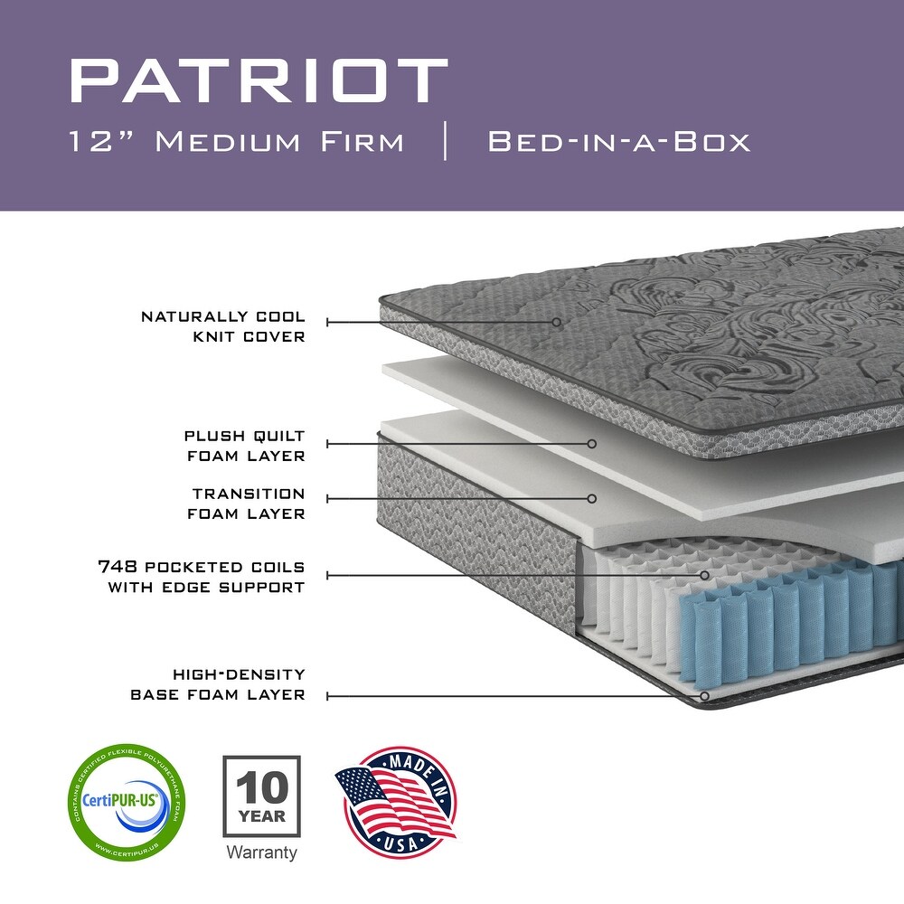American Furniture Classics Patriot Series CertiPUR US Certified 12 inch Twin Size Pocketed Coil Memory Foam Mattress in a box