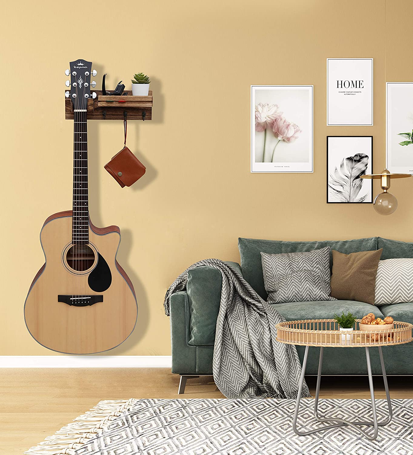 WELLAND Guitar Wood Wall Hanger with Storage Shelf， Hanging Rack for Electric Guitar， Acoustic Guitar， Bass Guitar， Guitar Accessories