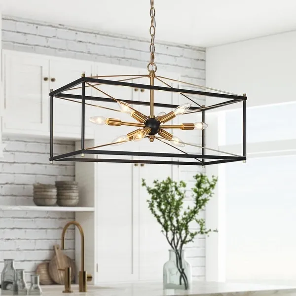 Leno Modern Farmhouse 8-Light Black Gold Rectangle Chandelier Starburst Island Lights for Dining Room