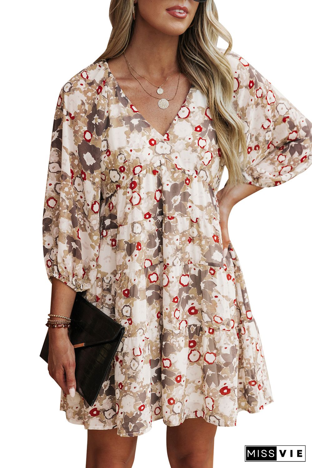 Apricot 3/4 Sleeves V Neck Print Tiered Flowy Short Dress