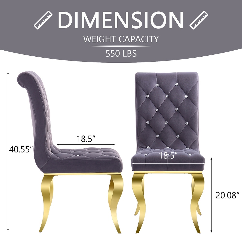 Luxury Gray Velvet Tufted Upholstered Dining Chairs with Polished Gold Cabriole Legs