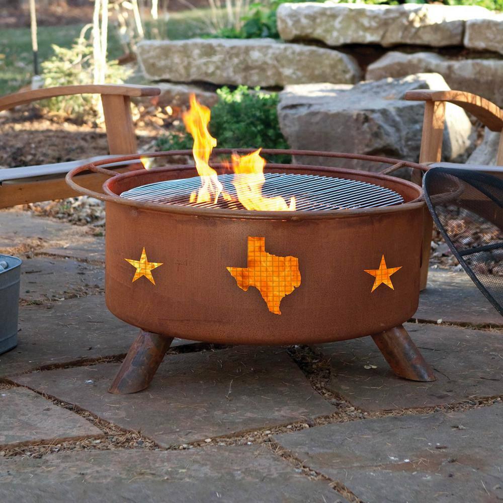 Texas State Stars 29 in x 18 in Round Steel Wood Burning Fire Pit in Rust with Grill Poker Spark Screen and Cover