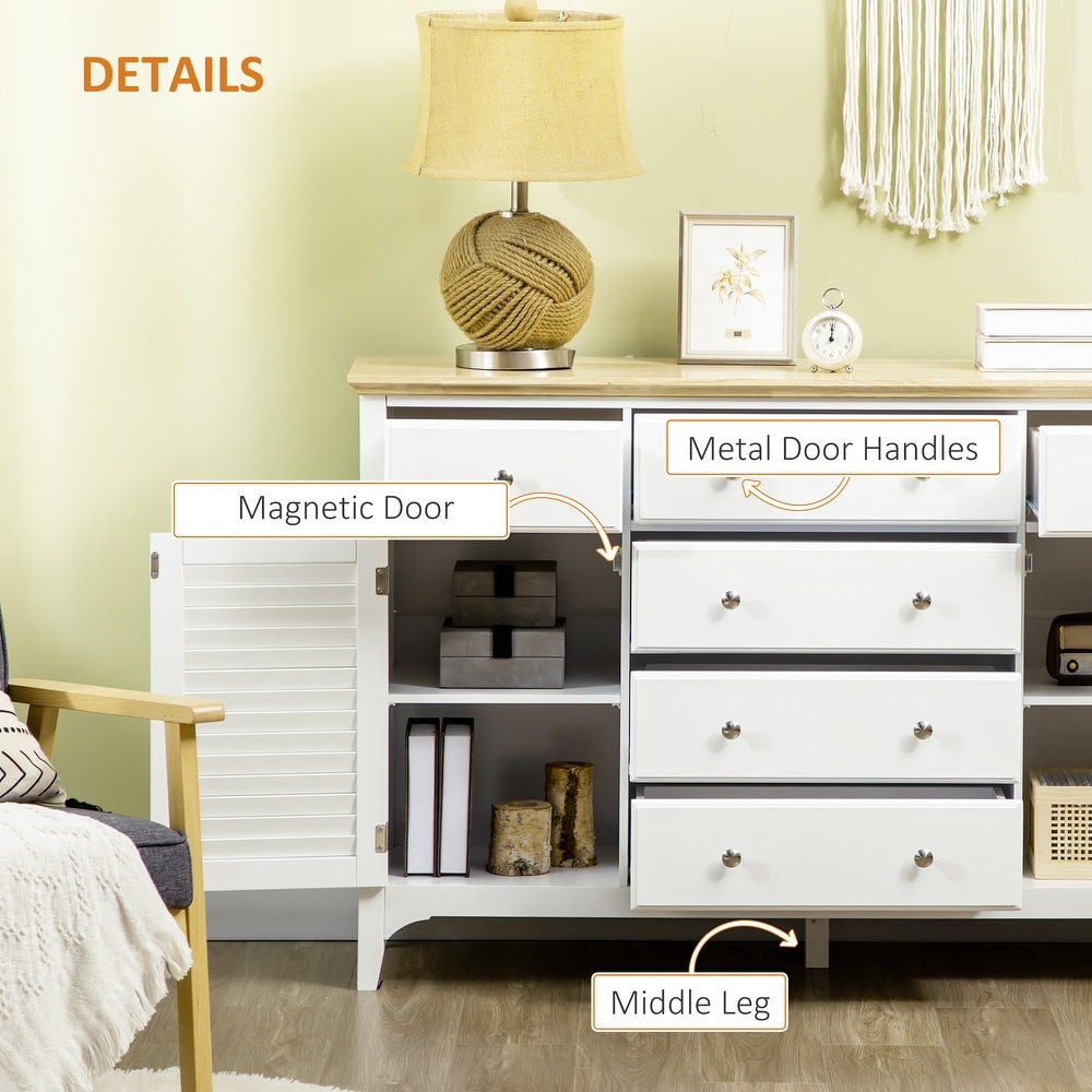 HOMCOM Modern Sideboard with Drawers  Buffet Cabinet with Storage Cabinets  Rubberwood Top and Adjustable Shelves  White