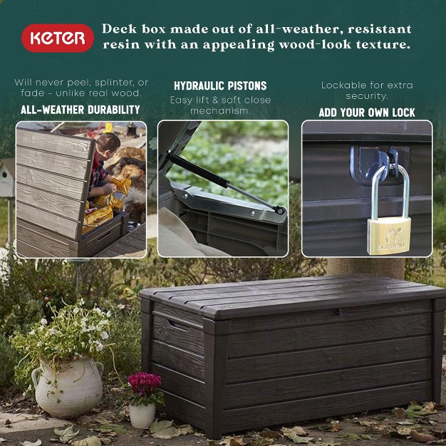 Keter Large 120 Gallon Waterproof All weather Resistant Wood Panel Outdoor Deck Garden Storage Box Bench Brown