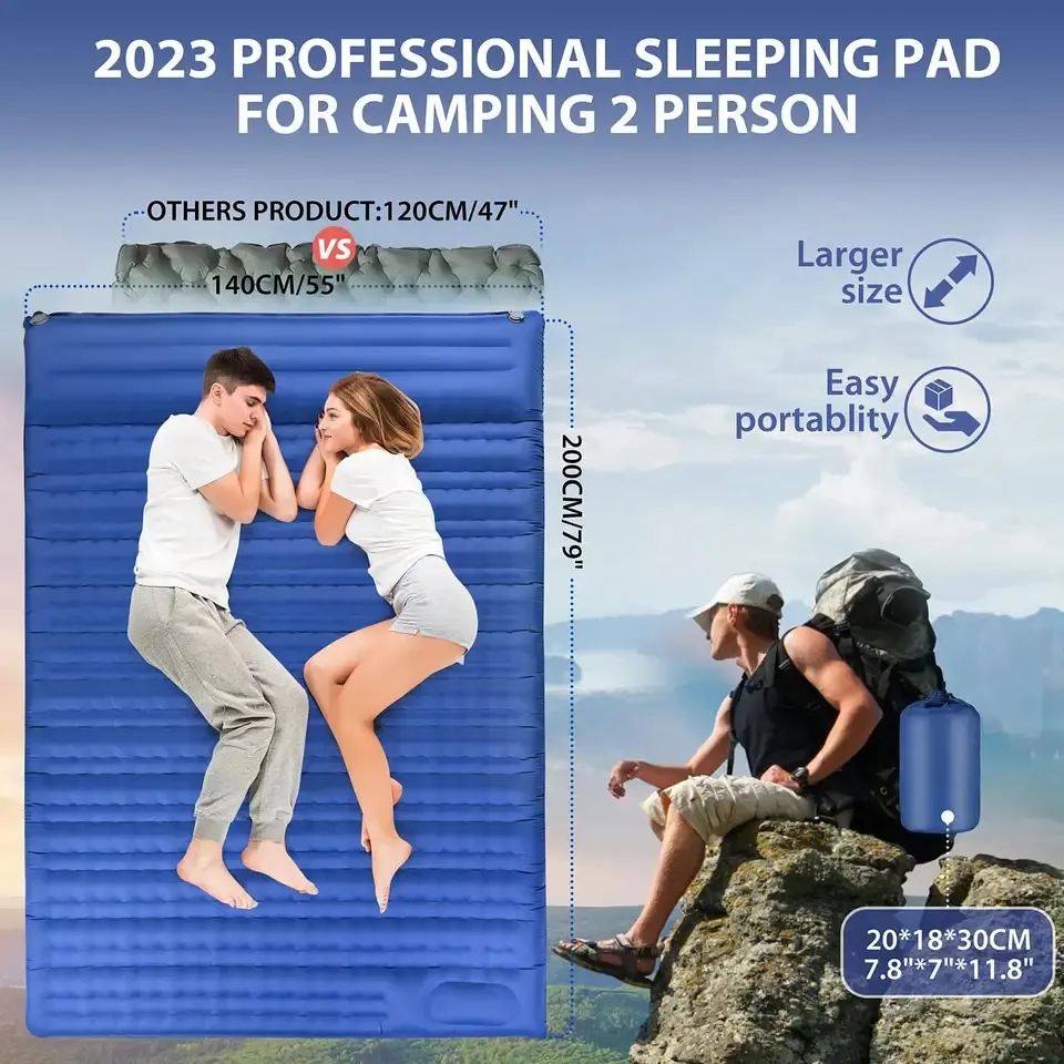 Customizable Double Sleeping Pad with Pillow Built in Foot Pump Inflatable  Portable 2 Person Sleeping Pad For Camping