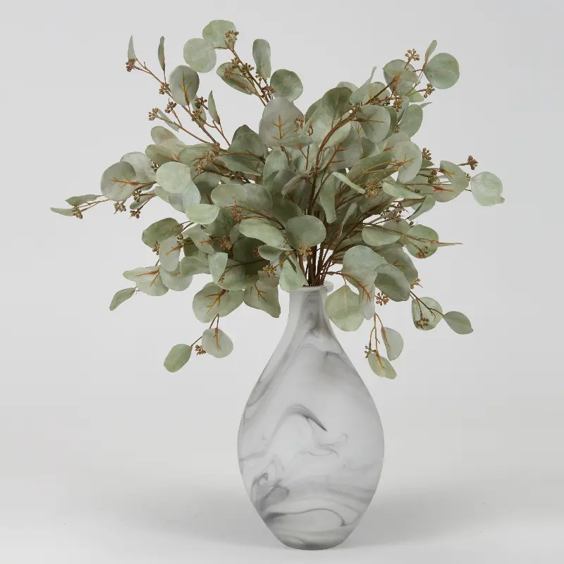 Faux Eucalyptus Branch Arrangement in Marbled Glass Vase