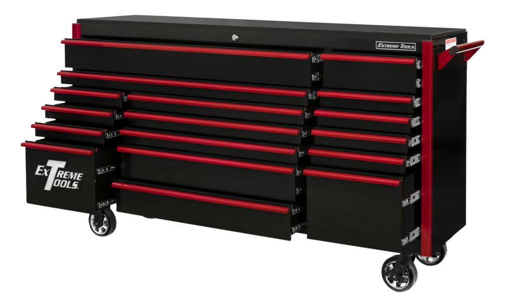 DX Series 72 17 Drawer Deep Roller Cabinet ; Black with Red Drawer Pulls ;